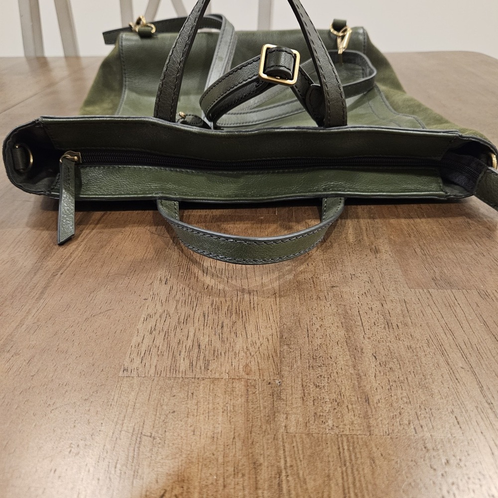 Fossil Leather Convertible Backpack Purse Tote Olive Green Suede Sides - Picture 6 of 8